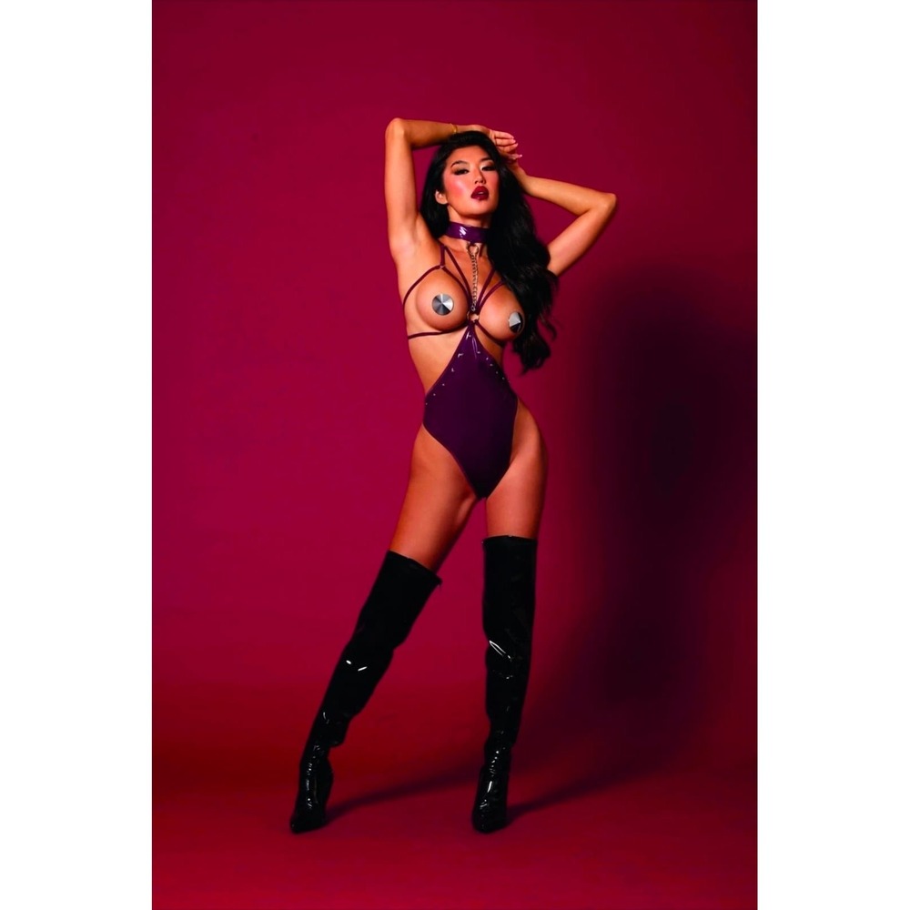 DREAMGIRL Cherry Lacquer Strappy Vinyl Open Cup Teddy Bodysuit One Size
